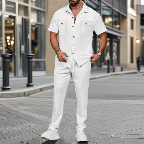 Heren Wafelgebreide Outfits Korte Mouwen Overhemd Met Knopen En Lange Broek Casual Urban Zomer Zakelijk Effen