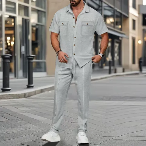 Heren Wafelgebreide Outfits Korte Mouwen Overhemd Met Knopen En Lange Broek Casual Urban Zomer Zakelijk Effen