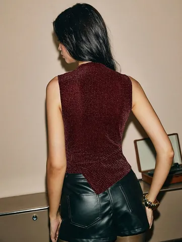 Women Sparkly Sleeveless Tank Top Mock Neck Irregular Hem Sequin Shimmer Glitter Party Clubwear Vest Fashion Top