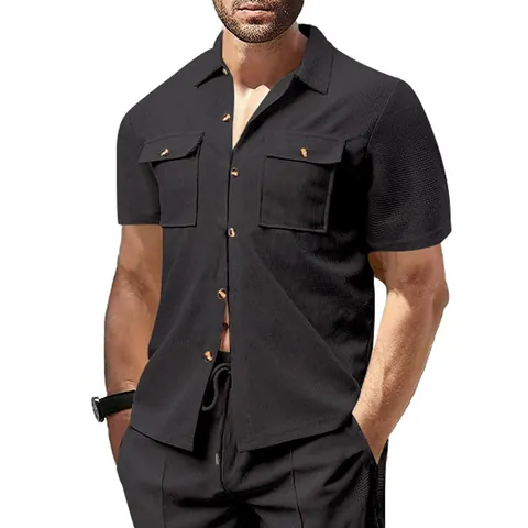 Camicia Casual Da Uomo Manica Corta Trama A Nido D'ape Doppie Tasche Sul Petto Collo Revers Bottoni Estate