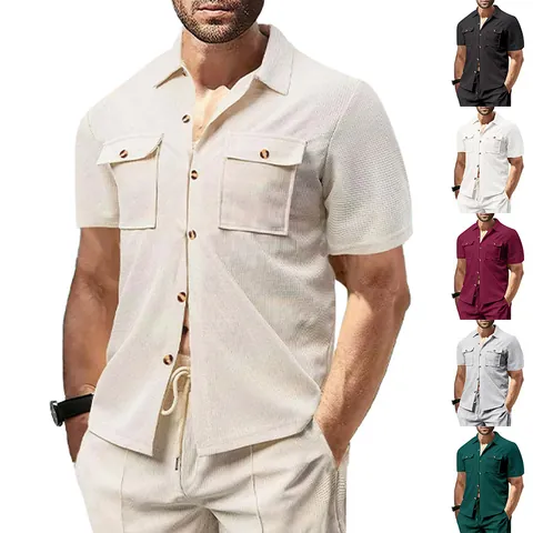 Camicia Casual Da Uomo Manica Corta Trama A Nido D'ape Doppie Tasche Sul Petto Collo Revers Bottoni Estate