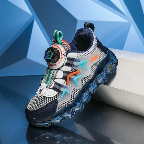 Boys Breathable Hollow Mesh Sneakers With Rotary Buckle Lightweight Soft Sole Running Shoes For Kids Summer Sport School