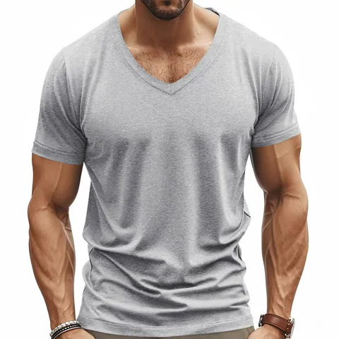 Men's V-Neck Slim Fit T-Shirt Polyester Solid Color Short Sleeve Summer Basic Muscle Top Casual Undershirt