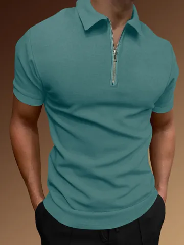 Herren Casual Sport Polohemd Polyester Halber Reißverschluss Umlegekragen Kurzarm Top Waffelstruktur Fitness Gym Kleidung