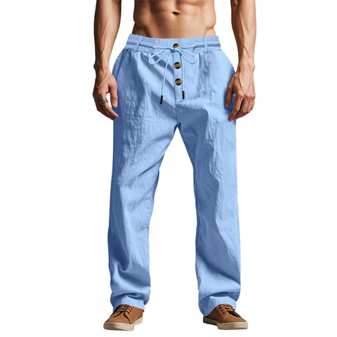 Men American Casual Linen Blend Pants Loose Straight Drawstring Beach Trousers With Button Decoration Breathable Bottoms