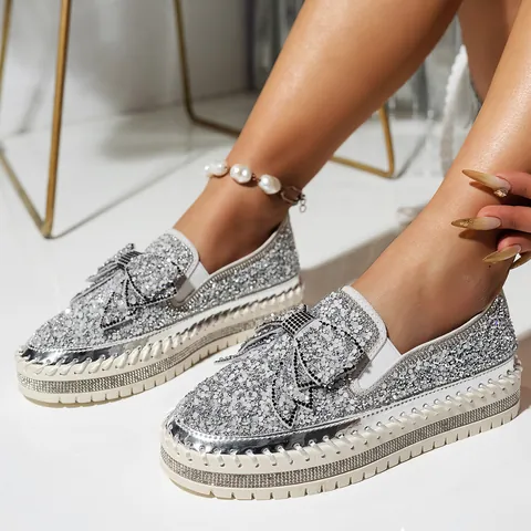Mocassins à Nœud en Strass pour Femmes Chaussures à Enfiler à Semelle Épaisse Plats Décontractés Grandes Tailles Printemps 2025