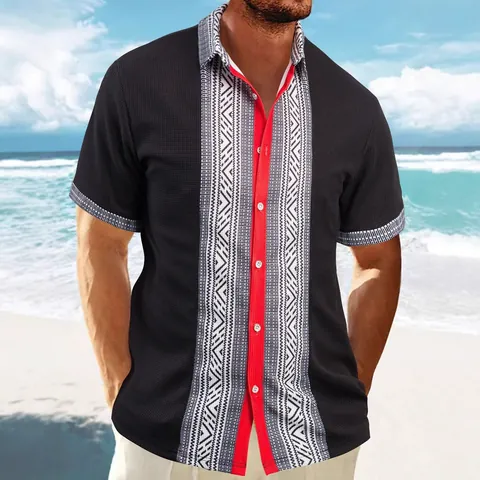 Men Casual Waffle Knit Short Sleeve Shirt 3D Geometric Ethnic Print Button Down Lapel Top Summer Beach Vacation Shirt