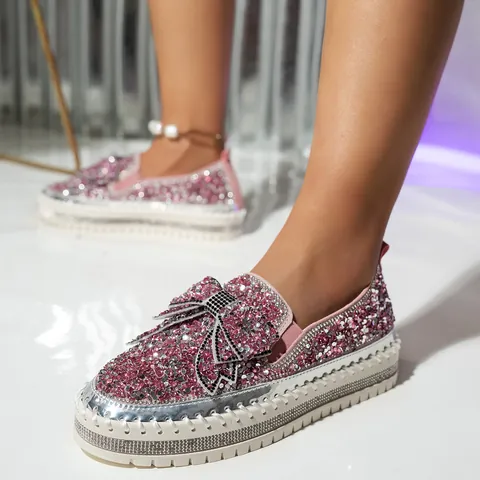 Mocassins à Nœud en Strass pour Femmes Chaussures à Enfiler à Semelle Épaisse Plats Décontractés Grandes Tailles Printemps 2025