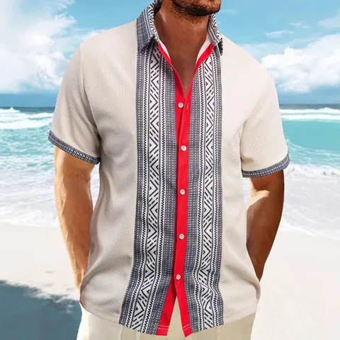 Men Casual Waffle Knit Short Sleeve Shirt 3D Geometric Ethnic Print Button Down Lapel Top Summer Beach Vacation Shirt
