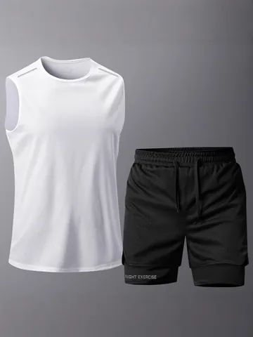 Men's Quick Dry Fitness Sports Set Reflective Sleeveless Tank Top And Double Layer Shorts Summer Gym Training Outfit