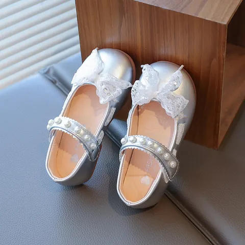 Toddler Girls Mary Jane Princess Shoes Lace Bow Artificial Pearl Elegant Soft Sole Dress Shoes For Party Wedding Spring