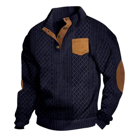 Men American Retro Jacquard Knit Henley Sweatshirt Stand Collar With Elbow Patches Contrast Pocket Casual Long Sleeve Top