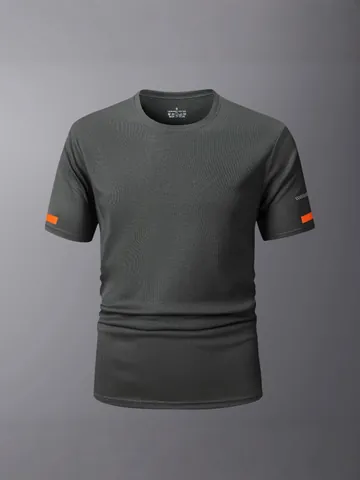 Herren Schnelltrocknendes Sport T-Shirt Kurzarm Rundhals Atmungsaktives Polyester Gym Top Mit Kontraststreifen Mode