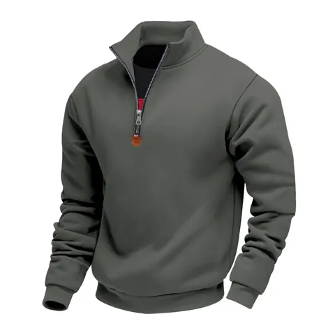 Men Quarter Zip Fleece Sweatshirt Stand Collar Solid Casual Winter Long Sleeve Top Polyester Pullover Heavyweight Warm
