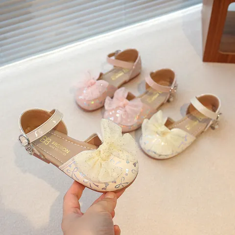 Girls Princess Closed-toe Sandals Large Bow Knot Sequins Pearl Performance Shoes Pink Rice White Artificial Leather Toddler Girls Dress Shoes