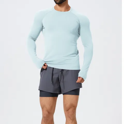 Men's Slim Fit Seamless Long Sleeve T-Shirt Breathable Quick Dry Athletic Gym Running Top With Thumbholes