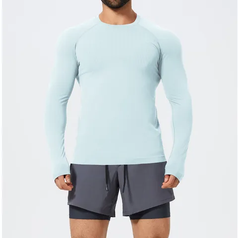 Men's Slim Fit Seamless Long Sleeve T-Shirt Breathable Quick Dry Athletic Gym Running Top With Thumbholes