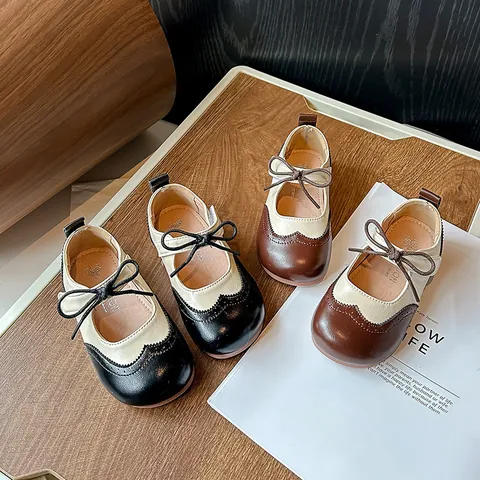 Girls British Style Brogue Leather Shoes Color Block Princess Dress Shoes with Bowknot Retro Non-slip Soft Sole Kids Flat Shoes