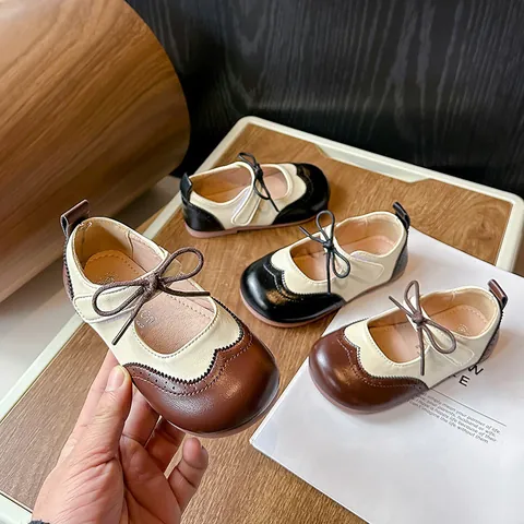 Girls British Style Brogue Leather Shoes Color Block Princess Dress Shoes with Bowknot Retro Non-slip Soft Sole Kids Flat Shoes