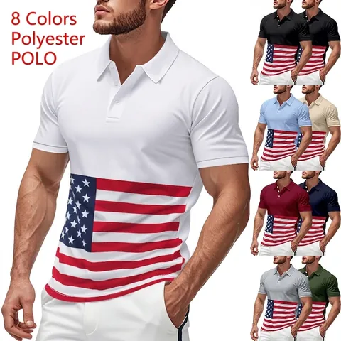 Men's American Style Quick Drying Polo Shirt Polyester Short Sleeve T-Shirt With American Flag Print For Summer