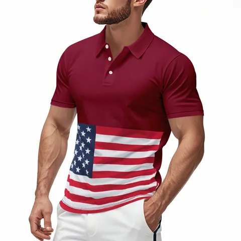 Men's American Style Quick Drying Polo Shirt Polyester Short Sleeve T-Shirt With American Flag Print For Summer