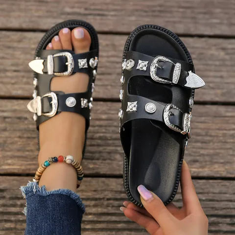 Claquettes à Plateforme pour Femmes Rivets Métalliques Boucles Cuir PU Sandales à Bande Unique Imprimé Léopard Semelle Épaisse Chaussons d'Été