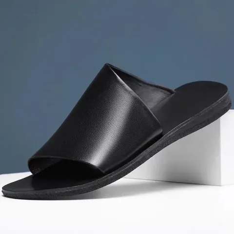 Claquettes en Cuir de Vachette pour Hommes Couleur Frottée Rétro Sandales Décontractées Semelle en Caoutchouc Antidérapante