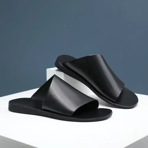 Claquettes en Cuir de Vachette pour Hommes Couleur Frottée Rétro Sandales Décontractées Semelle en Caoutchouc Antidérapante