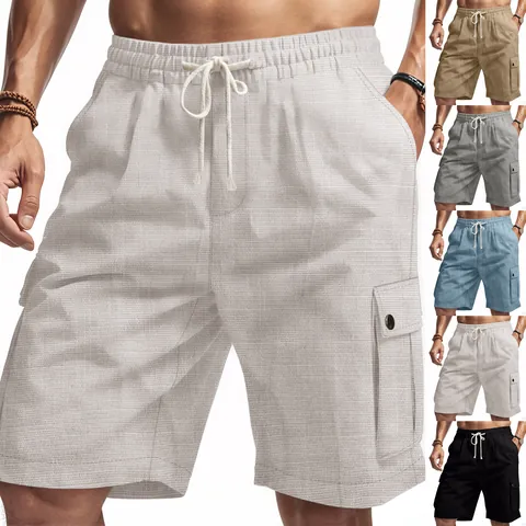 Men's Linen Cargo Shorts Summer Outdoor Tactical Beach Casual Amekaji Multi-pocket Slub Slub Linen Shorts Bottom Pants