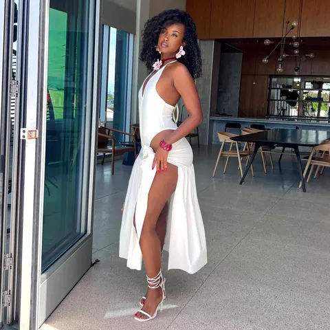 Women Sexy Halter Deep V Neck Bodysuit And Tie Waist High Slit Maxi Skirt Top And Bottom Solid Color Polyester Skirt Set