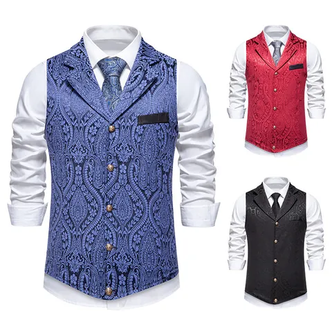 Men's Paisley Jacquard Suit Vest Slim Fit Lapel Single Breasted Waistcoat For Wedding Business Formal Party Sleeveless Jacket