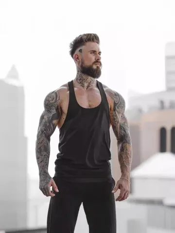Men Gym Sport Tank Top Solid Color Quick Dry Polyester Stringer Vest Sleeveless Top For Fitness Workout Training Bodybuilding
