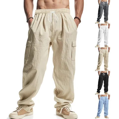 Men's American Style All Seasons Thin Breathable Cargo Pants Loose Fit Straight Leg Multi-Pocket Casual Workwear Bottom