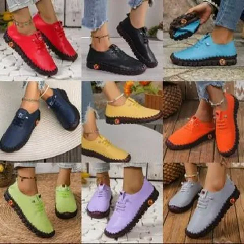 Women's Casual Soft Microfiber Leather Flat Shoes Comfortable Lace-up Loafers Round Toe Non-slip Tendon Sole Mother Shoes