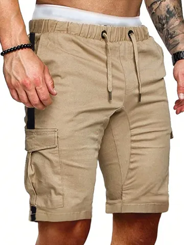 Men Casual Cargo Shorts Loose Fit Patchwork Solid Color Multi-Pocket Outdoor Sports Shorts Elastic Waist Drawstring Bottom