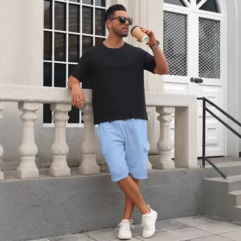 Men's American Workwear Multi-Pocket Cargo Shorts Loose Linen Drawstring Five-Point Casual Shorts Breathable Summer Straight Leg Pants