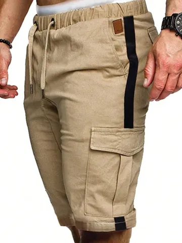 Men Casual Cargo Shorts Loose Fit Patchwork Solid Color Multi-Pocket Outdoor Sports Shorts Elastic Waist Drawstring Bottom
