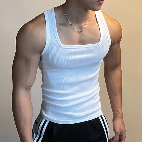 Men's Ribbed Muscle Tight Tank Top Quick Dry Elastic Fitness Sleeveless Racerback Gym Vest American Style Sporty Top