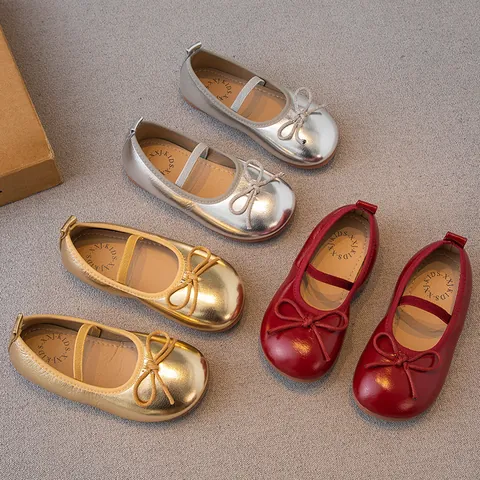 Mädchen Prinzessin Schuhe Schleife Mary Jane Flats Metallisches PU Leder Kleinkind Kinder Casual Party Kleidung Schuhe Weiche Sohle