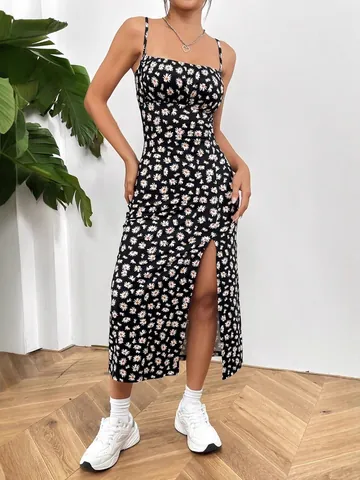 Women Daisy Floral Print Spaghetti Strap Midi Dress Sexy Side Slit Ruched Square Neck Summer Beach Vacation Slip Dress
