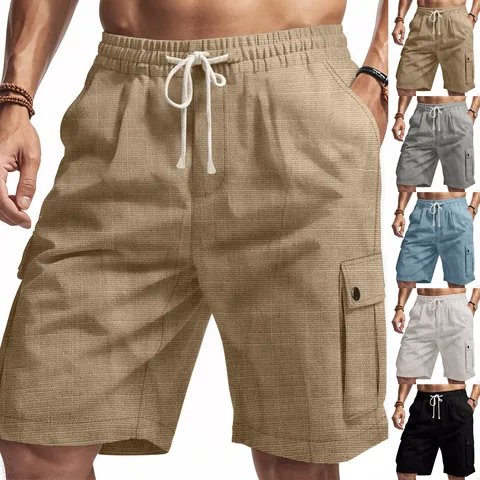 Men Amekaji American Cargo Shorts Summer Linen Slub Texture Outdoor Tactical Beach Casual Shorts Drawstring Elastic Waist Bottoms