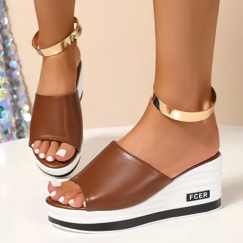 Eleganti Pantofole con Zeppa da Donna Open Toe in Pelle PU Stampata Sandali con Suola Spessa Moda Europea Slides Estive All'aperto