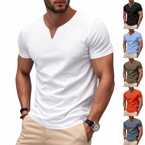 Men Casual V-Neck T-Shirt Quick Dry Polyester Spandex Jersey Top British Style Short Sleeve Solid Color Summer Tee