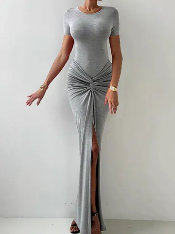 Women Sexy Two Piece Set Round Neck Short Sleeve Bodysuit And High Slit Twist Ruched Maxi Skirt Grey Clubwear Outfits