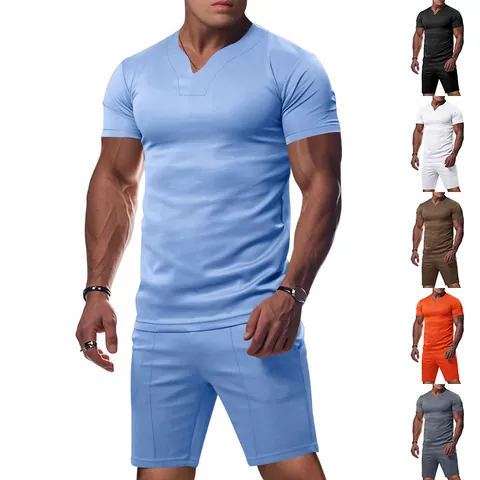 Men Summer Fashion V-Neck Polyester Quick Dry Top And Bottom Jersey Sportswear Set Casual Short Sleeve Shirt Shorts Tracksuit
