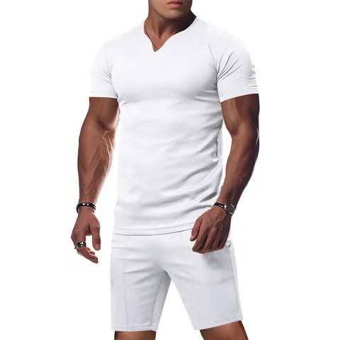Men Summer Fashion V-Neck Polyester Quick Dry Top And Bottom Jersey Sportswear Set Casual Short Sleeve Shirt Shorts Tracksuit