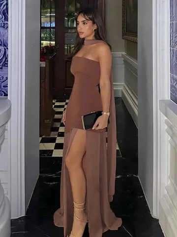 Women Sexy Slim Fit Backless Mesh Patchwork Tube Top Dress Scarf Set Elegant Evening Party Streetwear Spring Apparel
