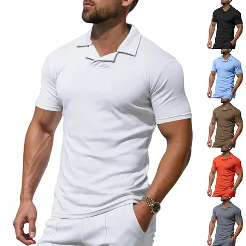 Men's British Style Polo Shirt Notched V-Neck Short Sleeve Top Quick Dry Breathable Casual Sport Knitted Polyester
