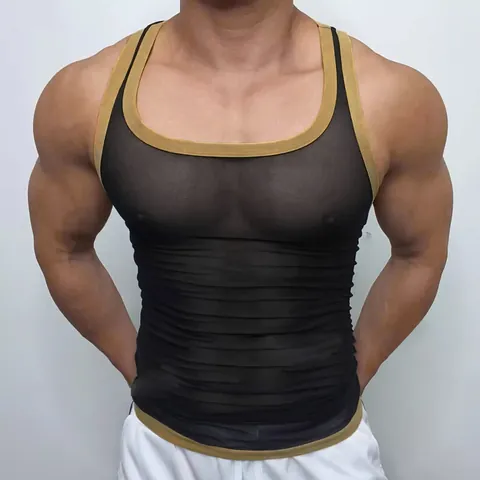 Men's Sexy Transparent Mesh Tank Top Breathable Fitness Racerback Vest Polyester Slim Fit Muscle Top For Gym Sports