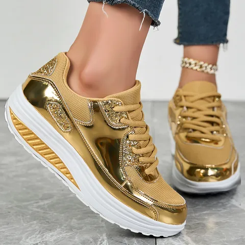 Women's Metallic Platform Sneakers Gold Silver Lace-Up Fashion Sneakers With Sequin Rhinestone Glitter Thick Sole Shoes